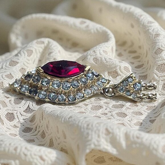 Vintage Attwood & Sawyer Ruby and White Rhinestones Gold Tone Pendant Necklace - Picture 10 of 16